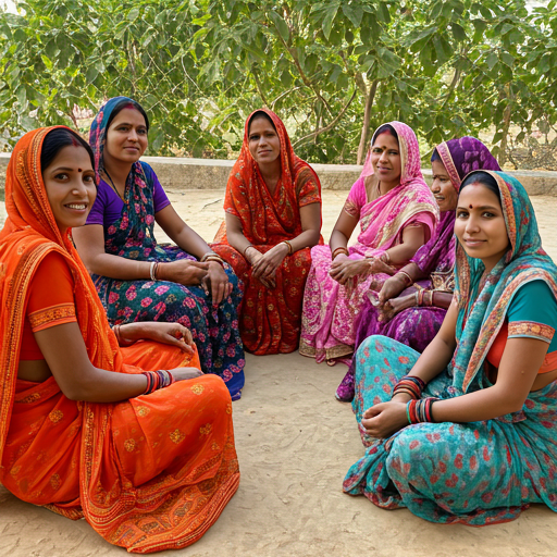 Women in vibrant sarees working on a community livelihood project in Uttar Pradesh