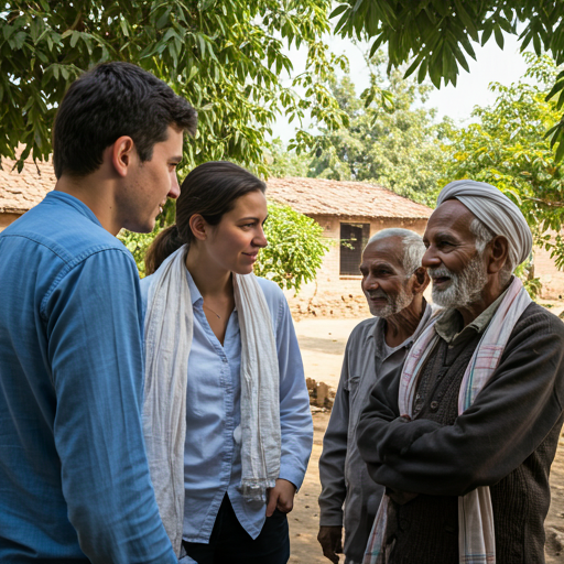 NGO volunteers talking warmly with an elderly community leader in a Bihar village