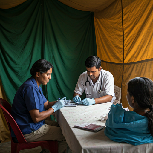 Rural medical camp in Bihar with a doctor examining a patient