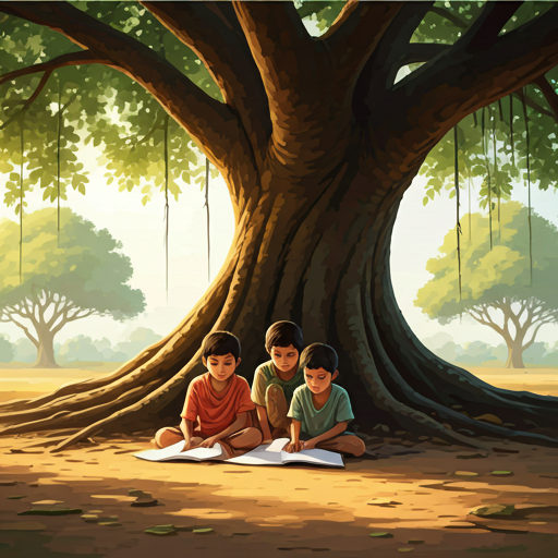 Village children in Bihar studying outdoors under a large tree